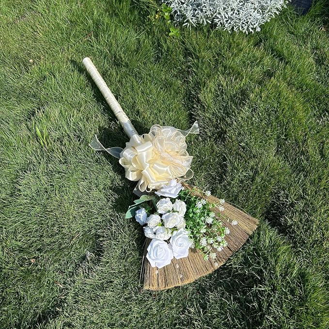 Wedding Broom for Jumping & Wedding Ceremony, DIY Decorative Broomstick with Ribbons, Artificial Pearl, Camellia, Roses - Ideal for African American Weddings
