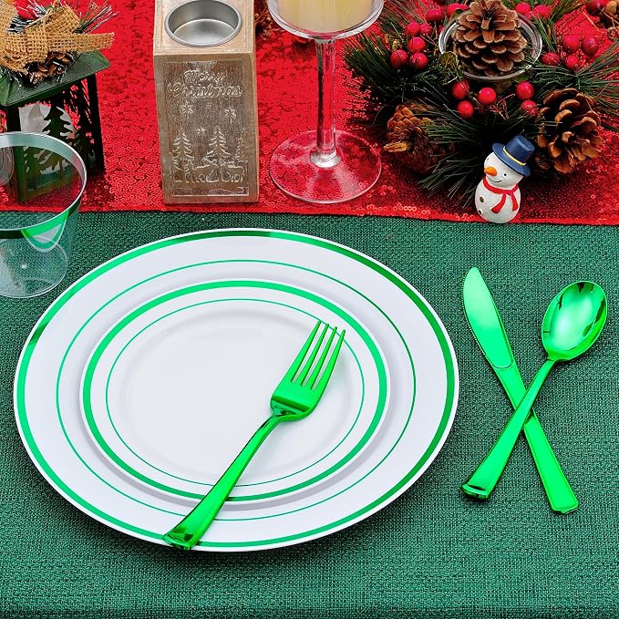 300PCS Green Dinnerware Set, 50 Guests White and Green Plastic Plates, Fancy Plastic Plate-50 Dinner Platos, 50 Dessert Platos, 50 Silverware Set, 50 Cups for Party Wedding