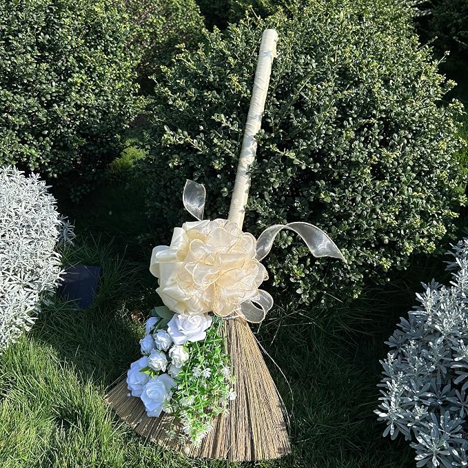Wedding Broom for Jumping & Wedding Ceremony, DIY Decorative Broomstick with Ribbons, Artificial Pearl, Camellia, Roses - Ideal for African American Weddings