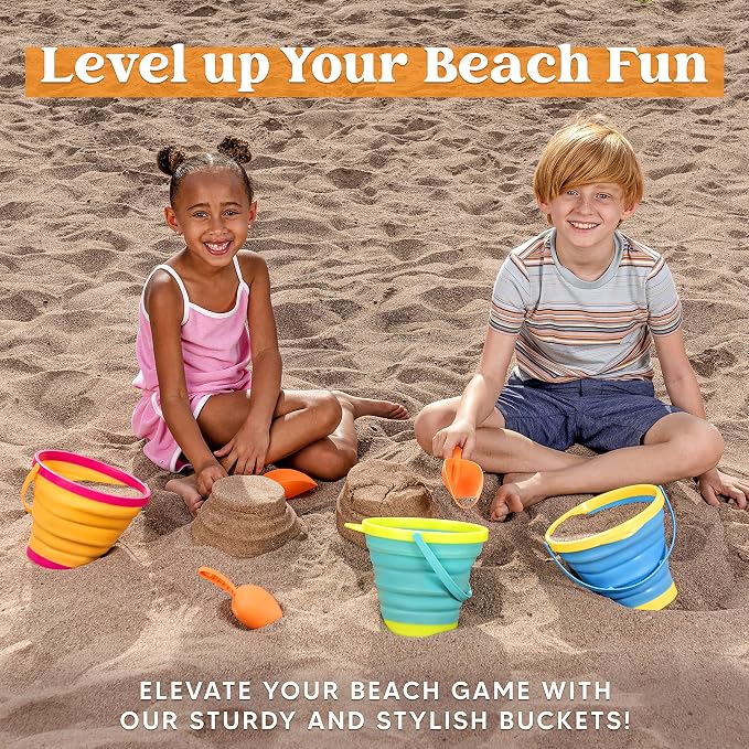 JOYIN 3 Packs Foldable Pail Bucket with Shovels & Mesh Bag, Collapsible Buckets Multi Purpose for Beach, Camping Gear, Beach Party, Fishing, and Fun Summer Activities (Yellow/Blue/Green)