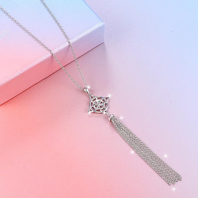 S925 Sterling Silver Long Chain Sweater Necklace for Women Statement Pendant Fringe Necklaces Jewelry Gift