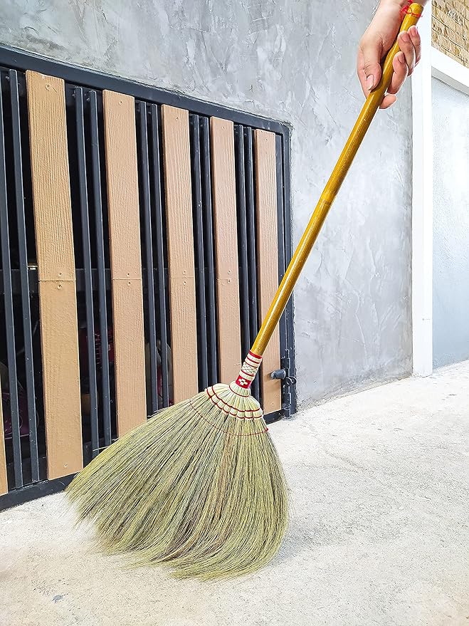 Indoor Grass Broom 40 Inch with Bamboo Handled Brooms for Floor Cleaning, Smooth & Hard Floor - Sweeping Tool Unique Handmade Craft Broom Design for Home, Kitchen, Office, Courtyard, Tiled Floor